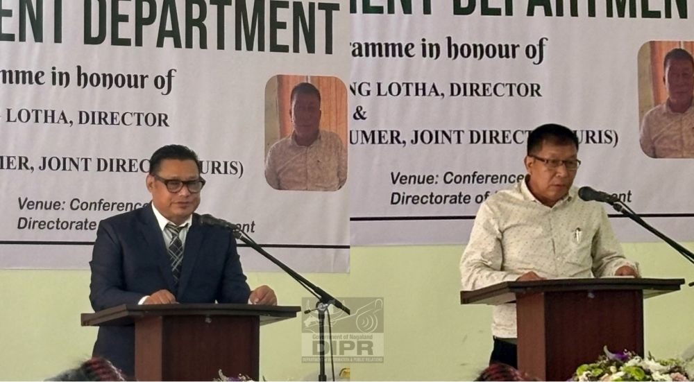 (left) Urban Development Director A Chenithung Lotha and (right) Joint Director T Mangyang Longkumer speaking during the farewell programme. (DIPR Photo)